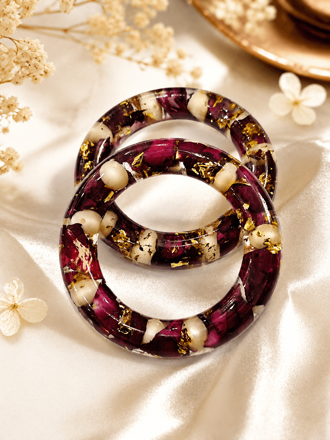 Premium Handmade 2-8 Purple Resin Rose Bangles With Gold Leaf And Pearl Accents Per Pair 